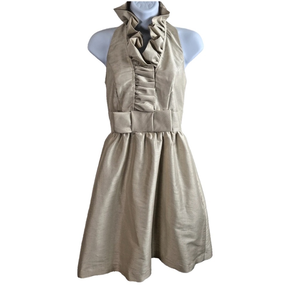 ALFRED‎ SUNG Champagne Ruffled Cocktail Dress w Bow Detail